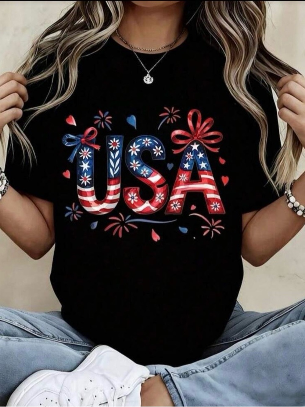 USA Patriotic Graphic Tee Black Fourth of July Fireworks Shirt American Casual